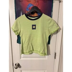 Vintage Tommy Jeans Lime Green Flower Patch Lettuce Trim Ringer Baby Tee Large
